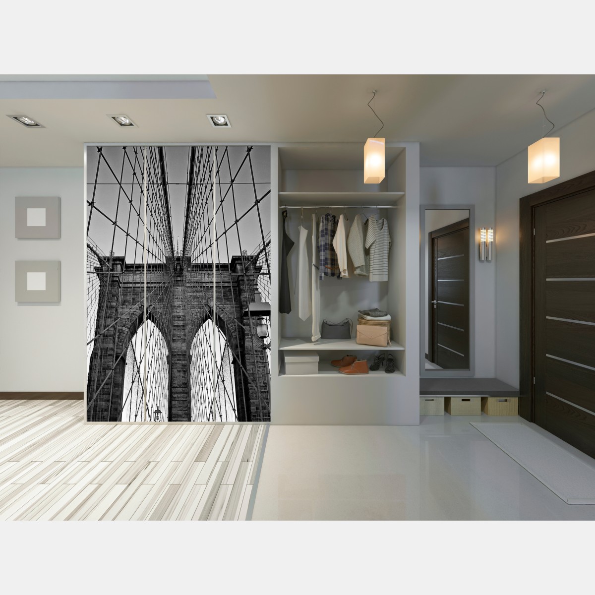 Naklejka na szafę symetryczny most wiszący w czerni i bieli – Wallissimo® Naklejka na szafę symetryczny most wiszący w czerni i bieli – Wallissimo®