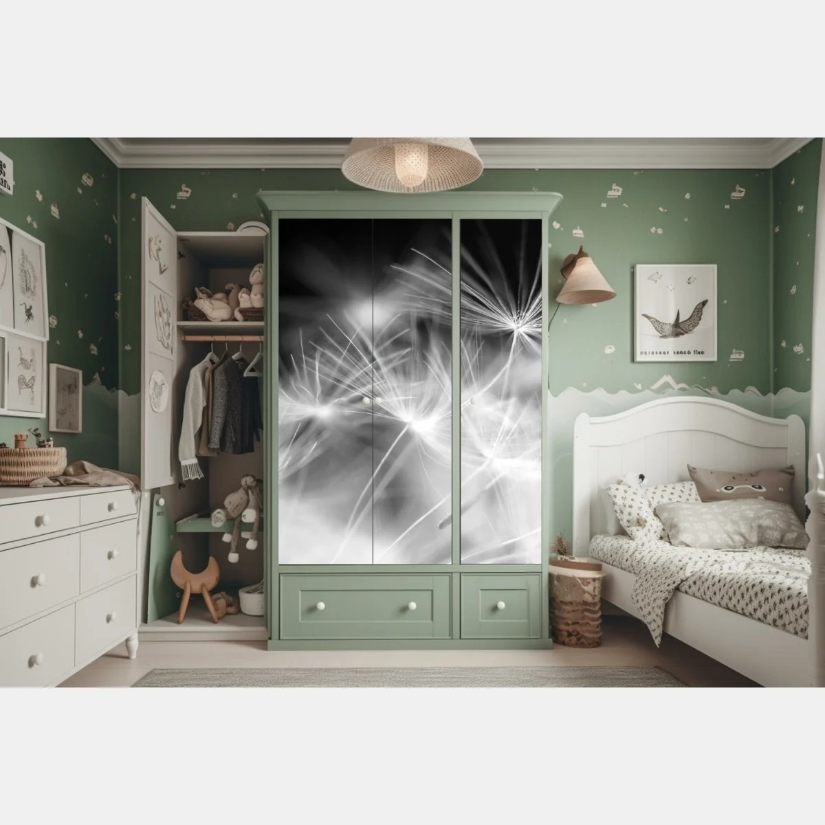 Naklejka na szafę delikatne nasiona dmuchawca czarno-białe – Wallissimo® Naklejka na szafę delikatne nasiona dmuchawca czarno-białe – Wallissimo®