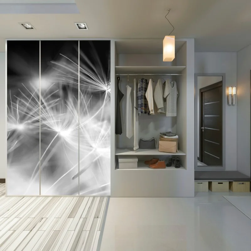 Naklejka na szafę delikatne nasiona dmuchawca czarno-białe – Wallissimo® Naklejka na szafę delikatne nasiona dmuchawca czarno-białe – Wallissimo®