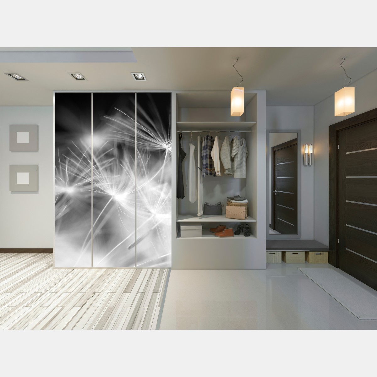 Naklejka na szafę delikatne nasiona dmuchawca czarno-białe – Wallissimo® Naklejka na szafę delikatne nasiona dmuchawca czarno-białe – Wallissimo®