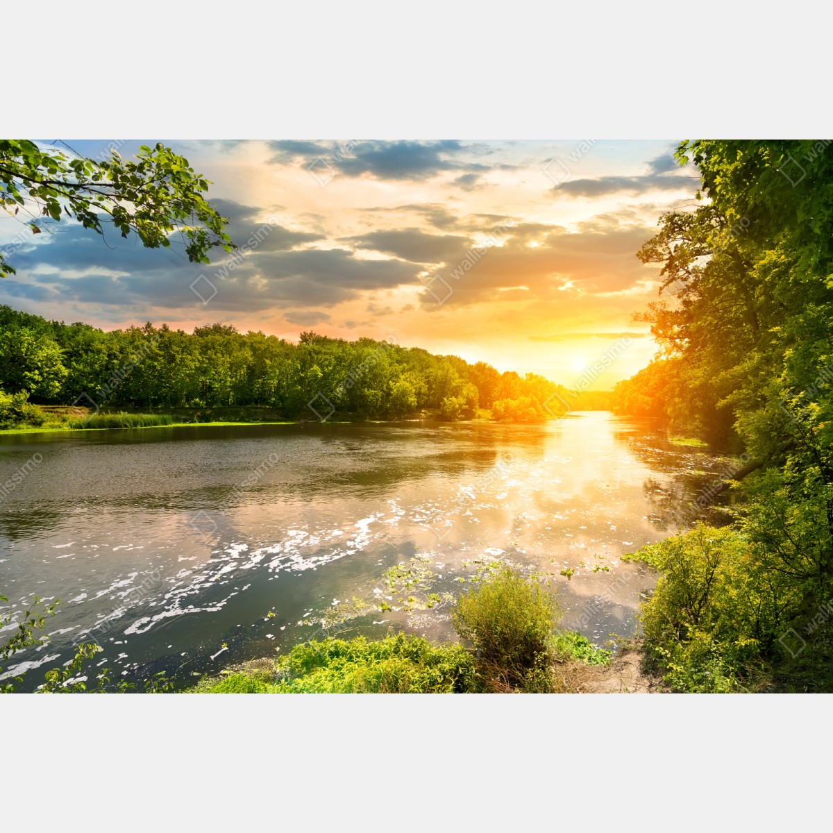 Naklejka na szafę spokojny zachód słońca nad rzeką i zielonym lasem – Wallissimo® Naklejka na szafę spokojny zachód słońca nad rzeką i zielonym lasem – Wallissimo®