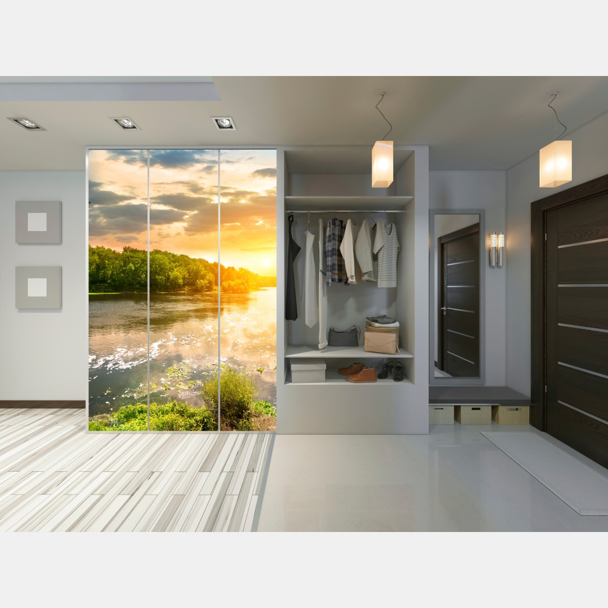 Naklejka na szafę spokojny zachód słońca nad rzeką i zielonym lasem – Wallissimo® Naklejka na szafę spokojny zachód słońca nad rzeką i zielonym lasem – Wallissimo®