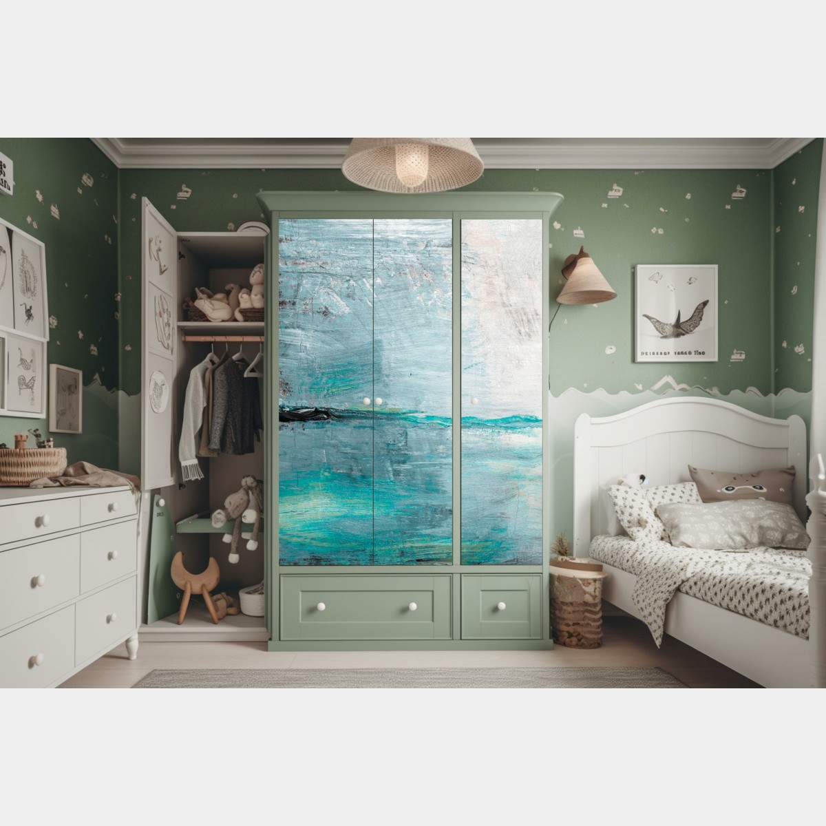 Naklejka na szafę spokojna turkusowa abstrakcyjna morska panorama – Wallissimo® Naklejka na szafę spokojna turkusowa abstrakcyjna morska panorama – Wallissimo®