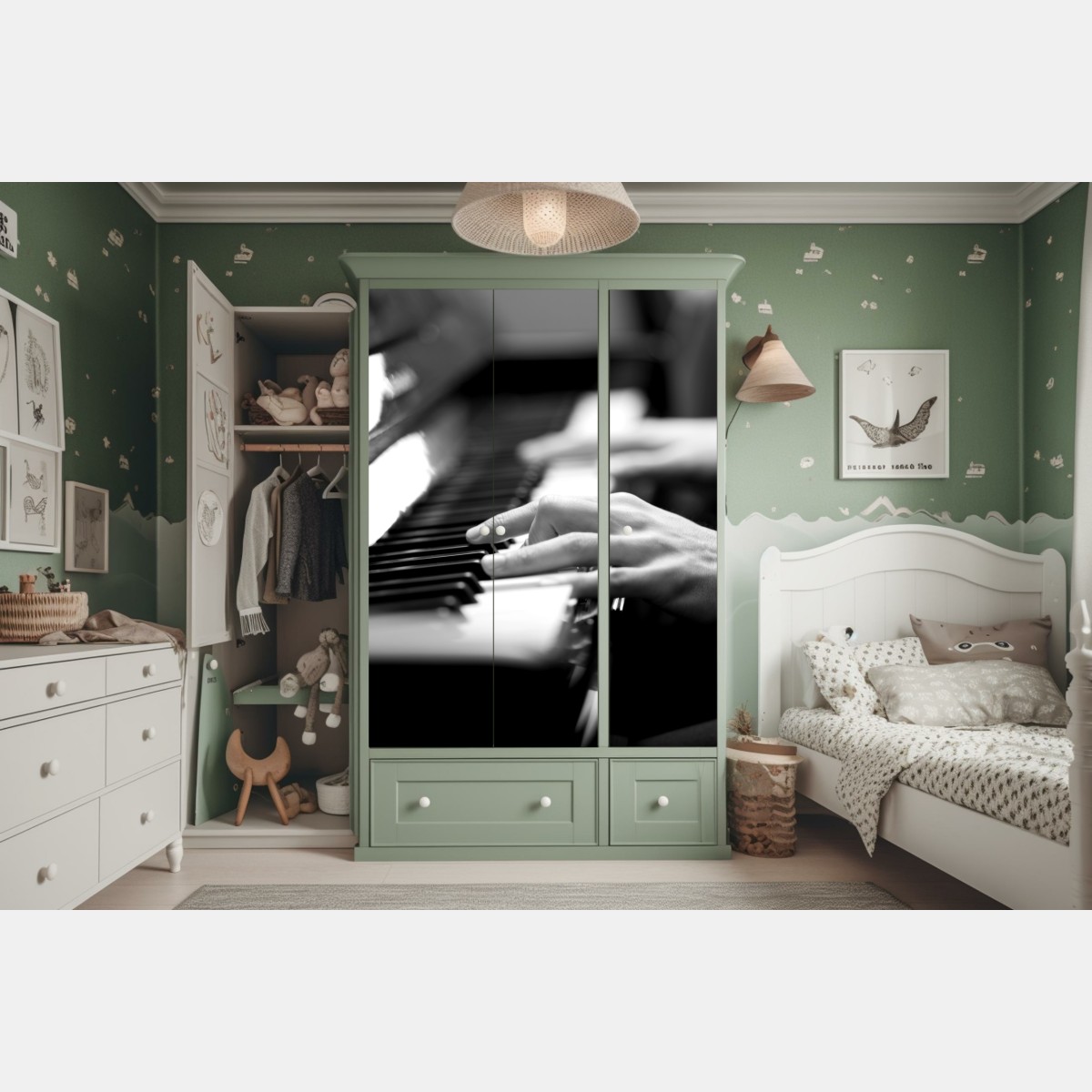 Naklejka na szafę ręce przy klawiaturze fortepianu w czerni i bieli – Wallissimo® Naklejka na szafę ręce przy klawiaturze fortepianu w czerni i bieli – Wallissimo®