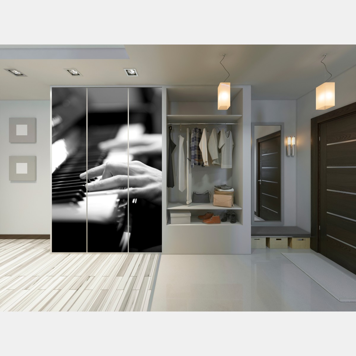 Naklejka na szafę ręce przy klawiaturze fortepianu w czerni i bieli – Wallissimo® Naklejka na szafę ręce przy klawiaturze fortepianu w czerni i bieli – Wallissimo®