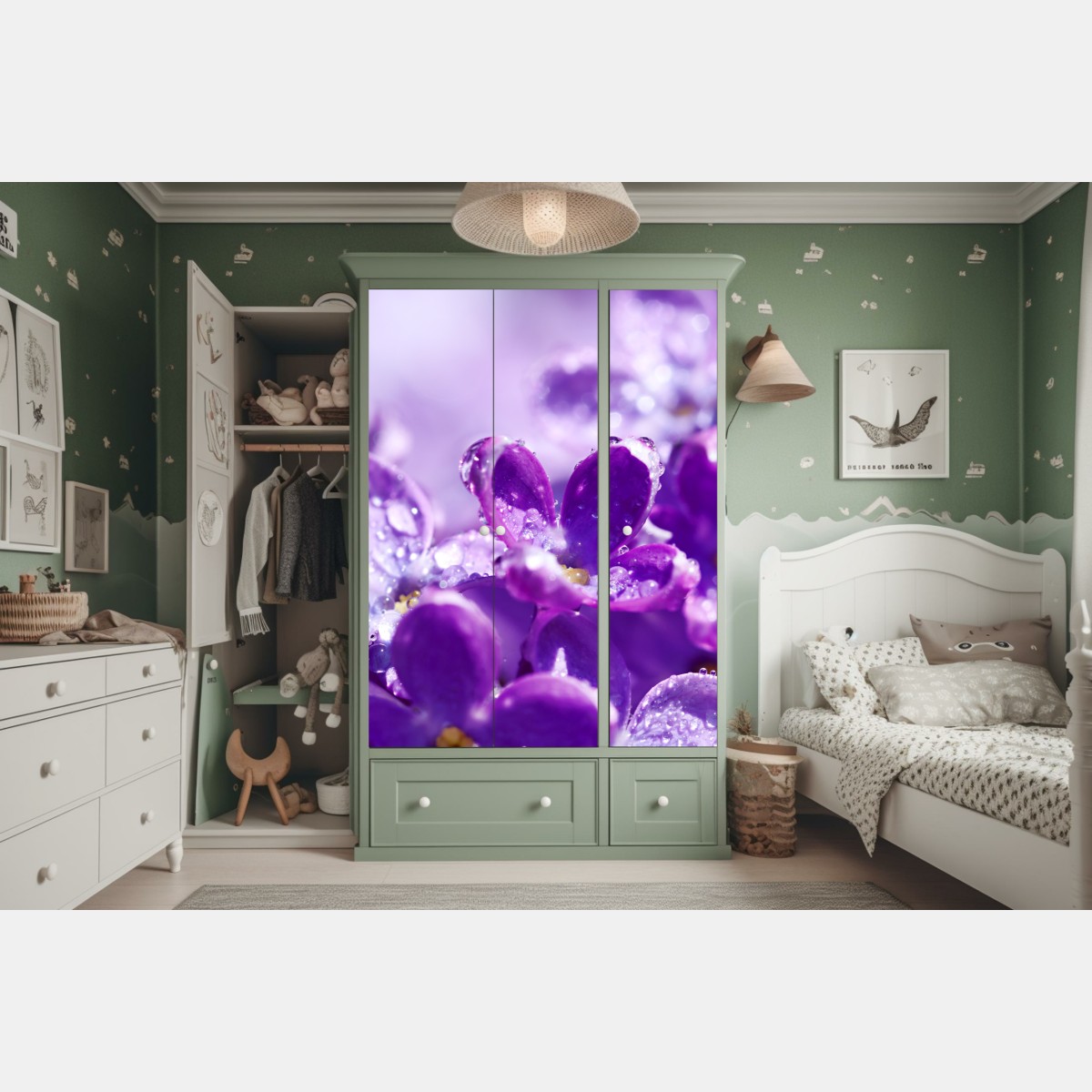 Naklejka na szafę fioletowy bez z kroplami rosy – Wallissimo® Naklejka na szafę fioletowy bez z kroplami rosy – Wallissimo®