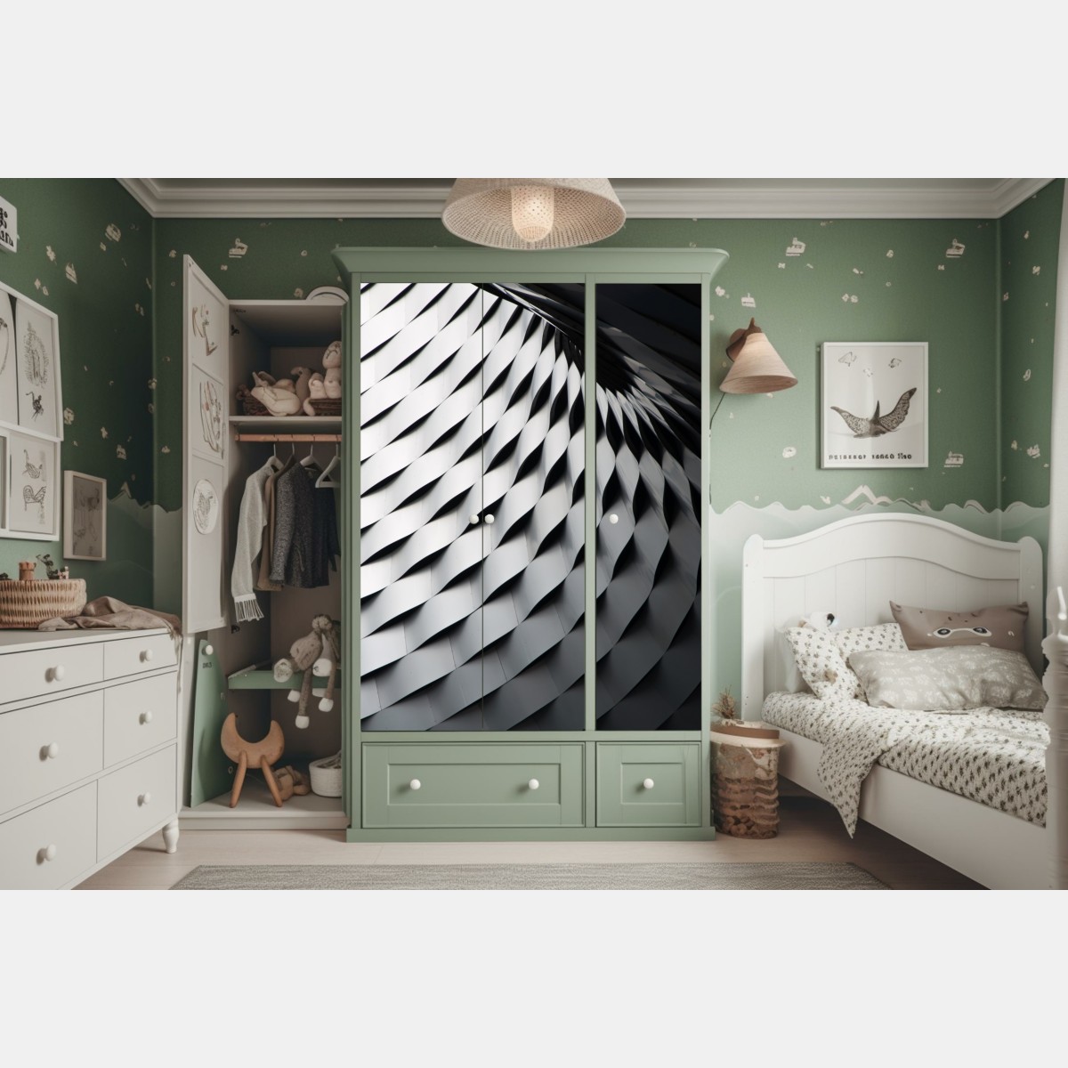 Naklejka na szafę monochromatyczny geometryczny wzór z metalu – Wallissimo® Naklejka na szafę monochromatyczny geometryczny wzór z metalu – Wallissimo®