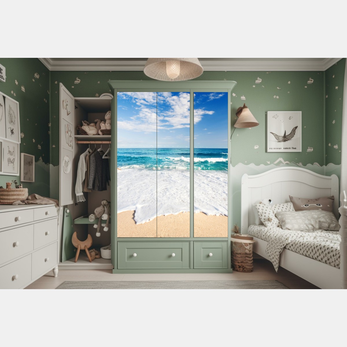 Naklejka na szafę turkusowe fale na piaszczystej plaży – Wallissimo® Naklejka na szafę turkusowe fale na piaszczystej plaży – Wallissimo®