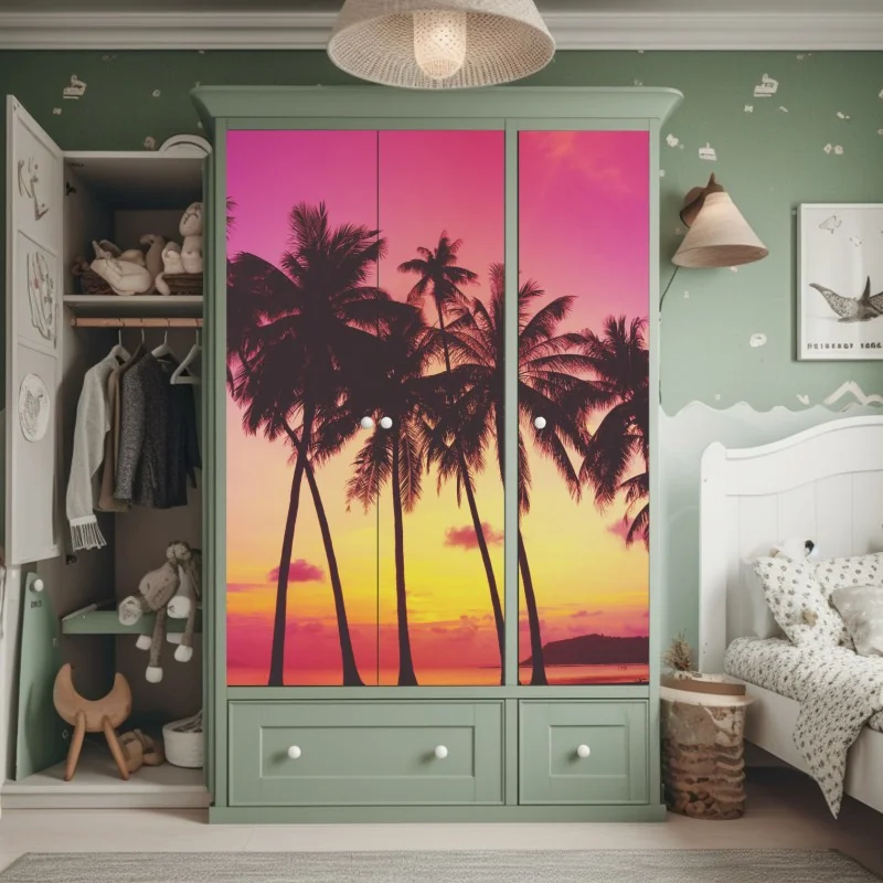 Naklejka na szafę tropikalny zachód słońca z palmami, Tajlandia