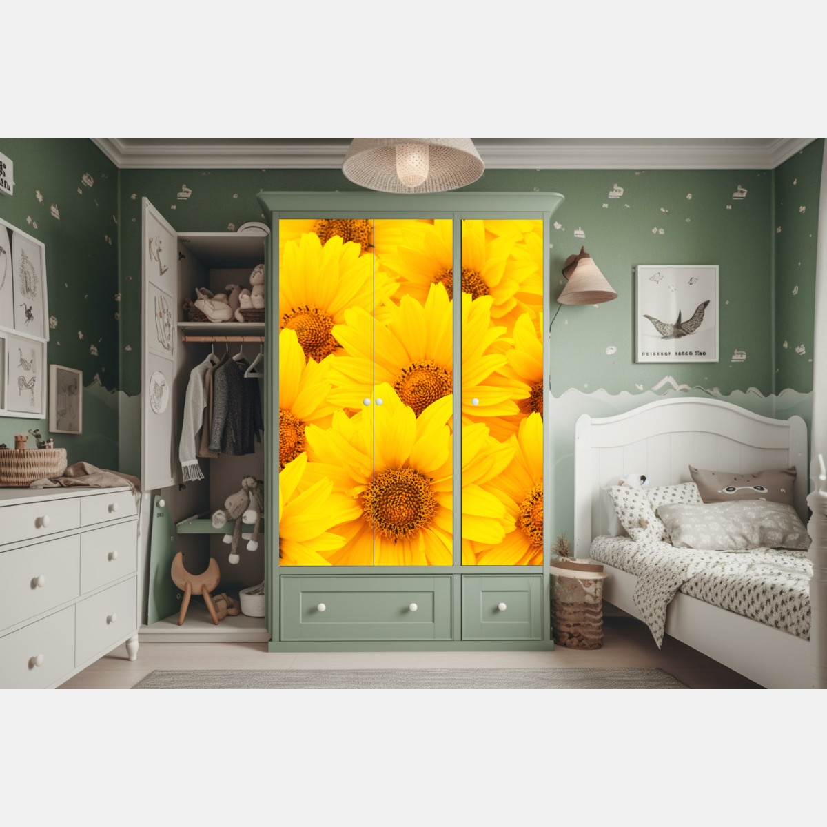 Naklejka na szafę intensywne żółte słoneczniki w zbliżeniu – Wallissimo® Naklejka na szafę intensywne żółte słoneczniki w zbliżeniu – Wallissimo®