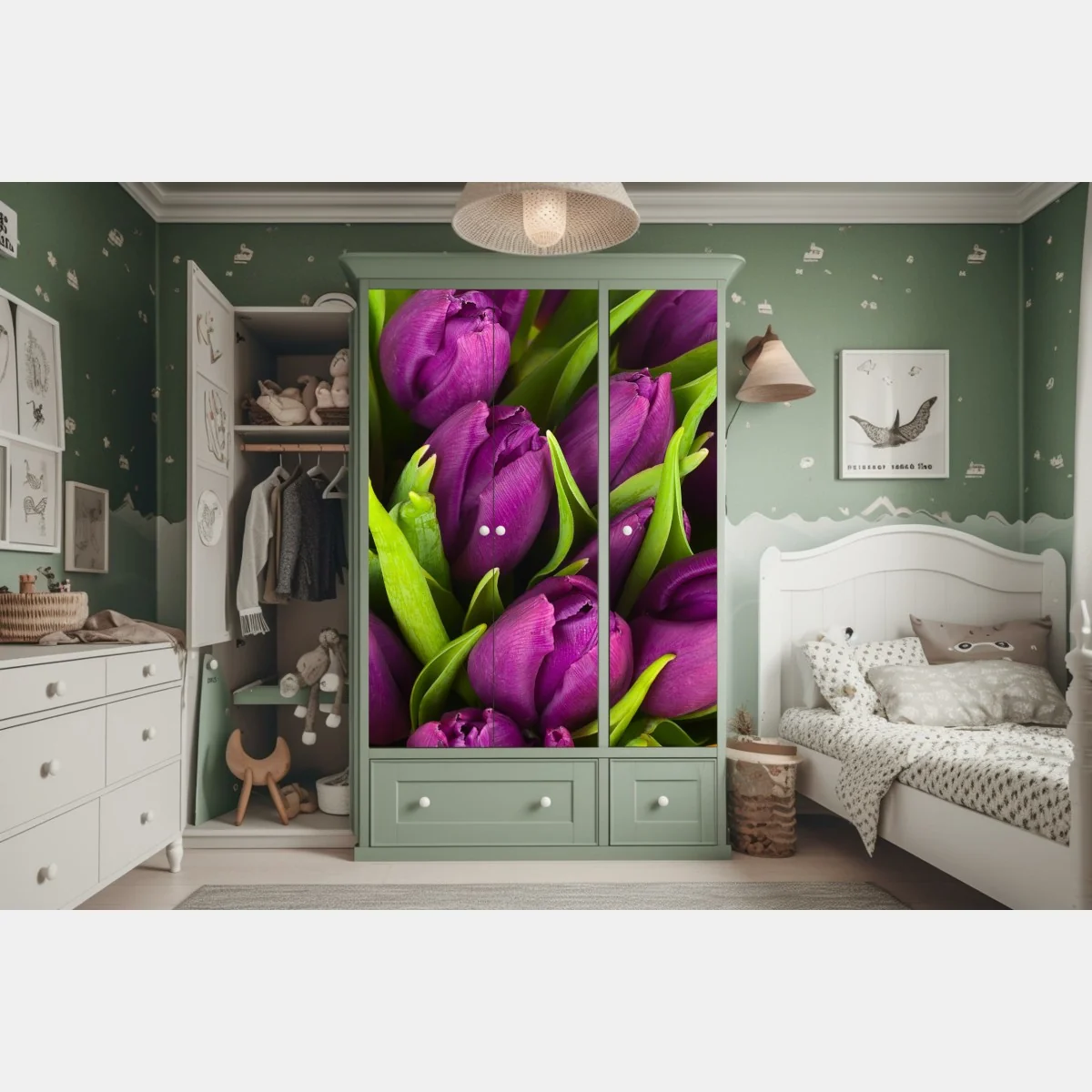 Naklejka na szafę fioletowy bukiet tulipanów – Wallissimo® Naklejka na szafę fioletowy bukiet tulipanów – Wallissimo®