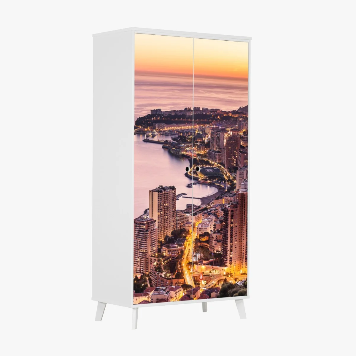 Naklejka na szafę zachód słońca nad miejskim wybrzeżem – Wallissimo® Naklejka na szafę zachód słońca nad miejskim wybrzeżem – Wallissimo®