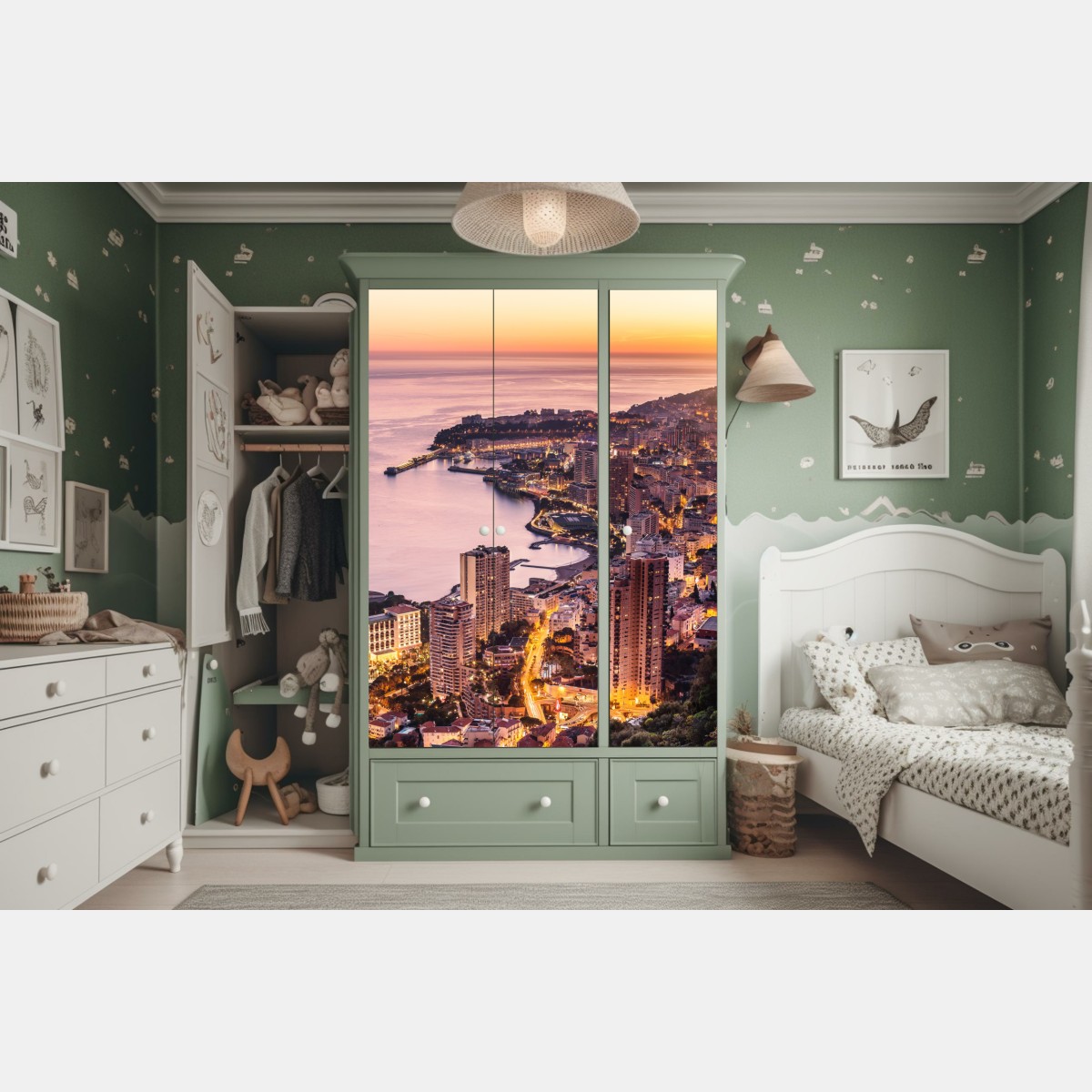 Naklejka na szafę zachód słońca nad miejskim wybrzeżem – Wallissimo® Naklejka na szafę zachód słońca nad miejskim wybrzeżem – Wallissimo®