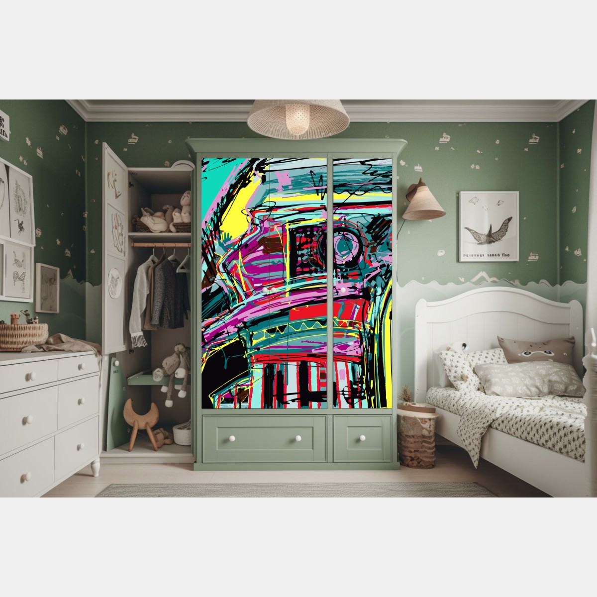 Naklejka na szafę żywa turkusowa abstrakcyjna kompozycja samochodowa – Wallissimo® Naklejka na szafę żywa turkusowa abstrakcyjna kompozycja samochodowa – Wallissimo®