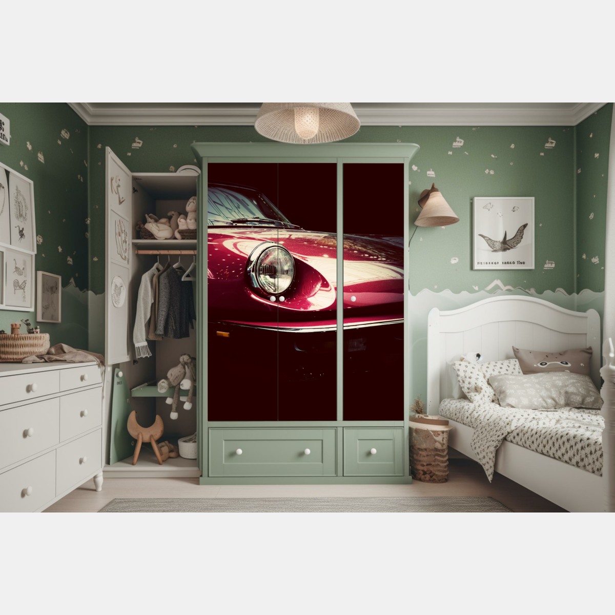 Naklejka na szafę zbliżenie klasycznego czerwonego samochodu sportowego – Wallissimo® Naklejka na szafę zbliżenie klasycznego czerwonego samochodu sportowego – Wallissimo®