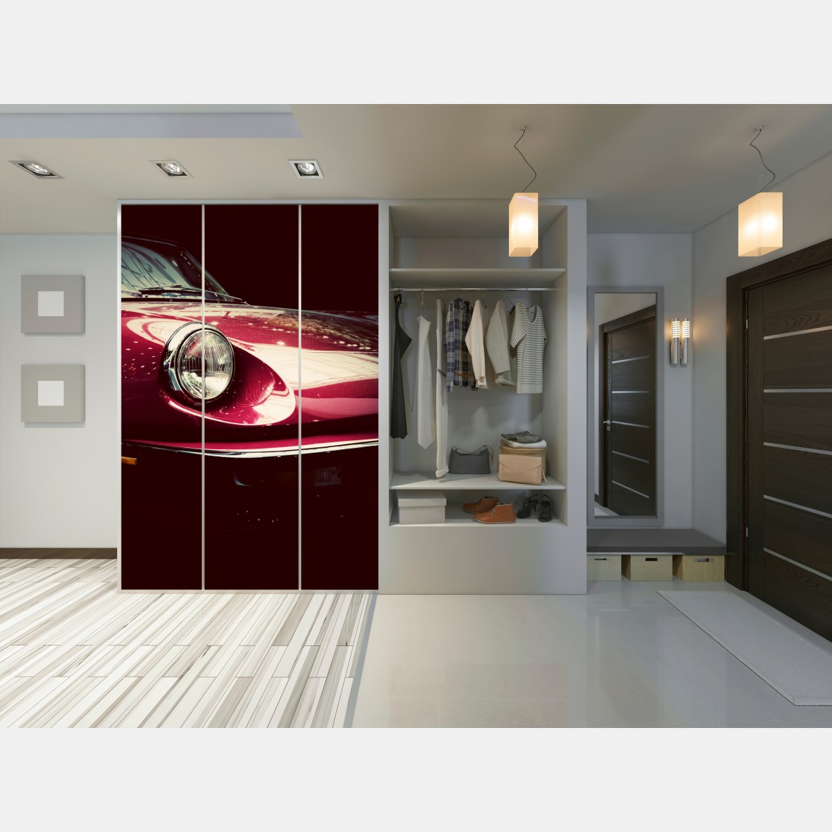 Naklejka na szafę zbliżenie klasycznego czerwonego samochodu sportowego – Wallissimo® Naklejka na szafę zbliżenie klasycznego czerwonego samochodu sportowego – Wallissimo®