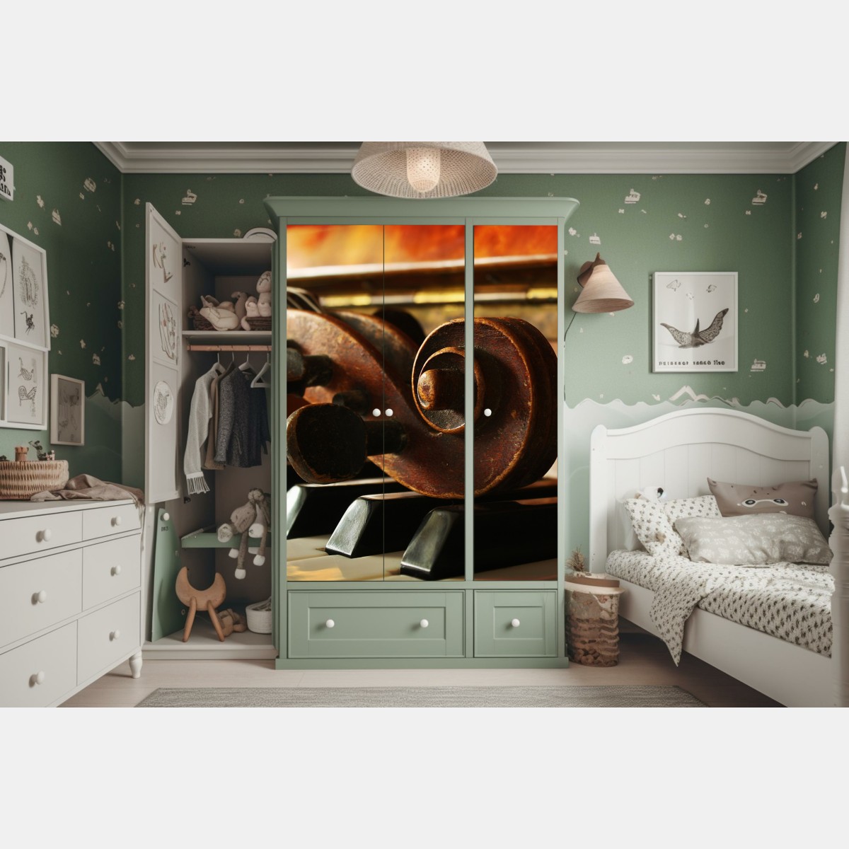 Naklejka na szafę zabytkowa główka skrzypiec na klawiszach fortepianu – Wallissimo® Naklejka na szafę zabytkowa główka skrzypiec na klawiszach fortepianu – Wallissimo®