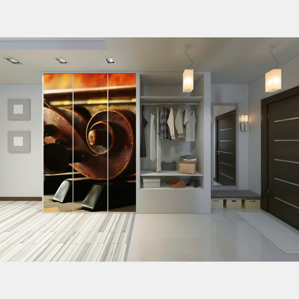 Naklejka na szafę zabytkowa główka skrzypiec na klawiszach fortepianu – Wallissimo® Naklejka na szafę zabytkowa główka skrzypiec na klawiszach fortepianu – Wallissimo®