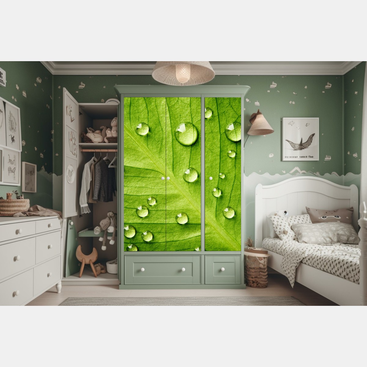 Naklejka na szafę świeży zielony liść z kroplami wody – Wallissimo® Naklejka na szafę świeży zielony liść z kroplami wody – Wallissimo®