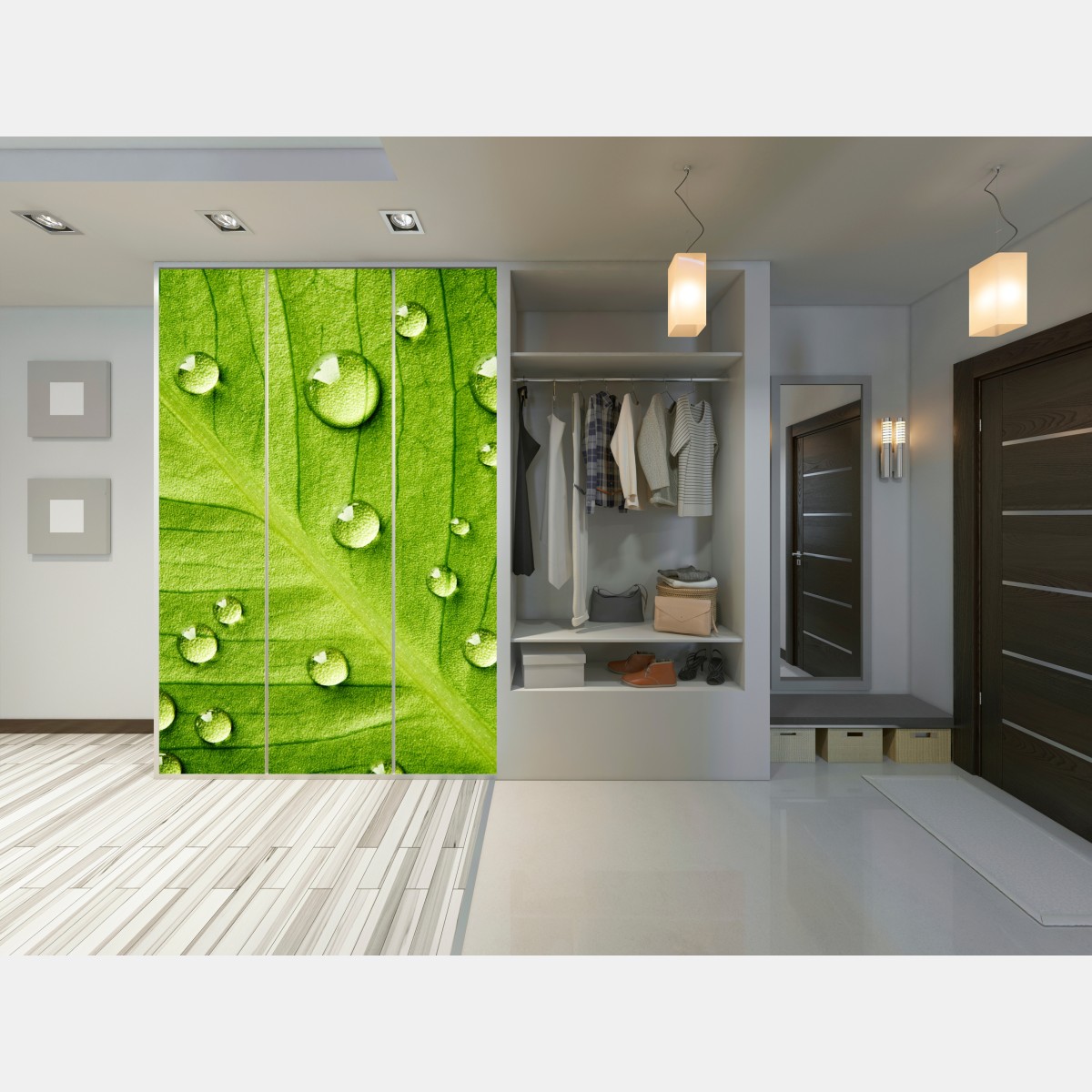 Naklejka na szafę świeży zielony liść z kroplami wody – Wallissimo® Naklejka na szafę świeży zielony liść z kroplami wody – Wallissimo®