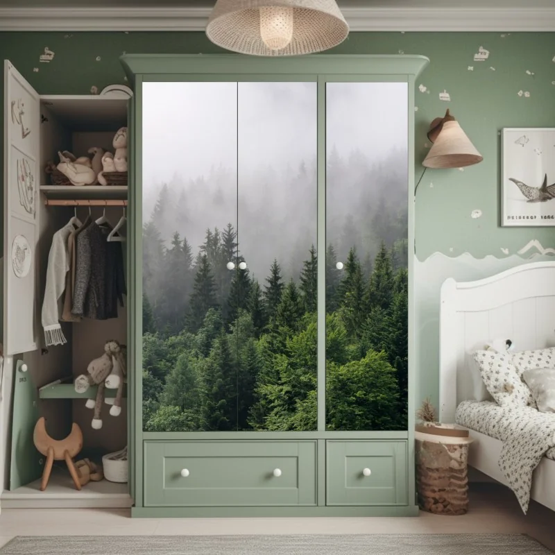 Naklejka na szafę mglisty las iglasty panorama – Wallissimo® Naklejka na szafę mglisty las iglasty panorama – Wallissimo®