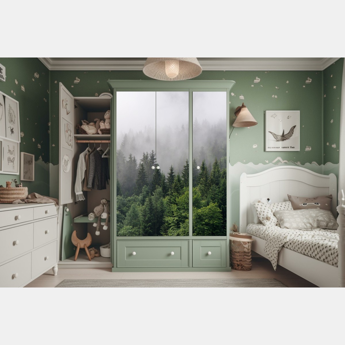 Naklejka na szafę mglisty las iglasty panorama – Wallissimo® Naklejka na szafę mglisty las iglasty panorama – Wallissimo®