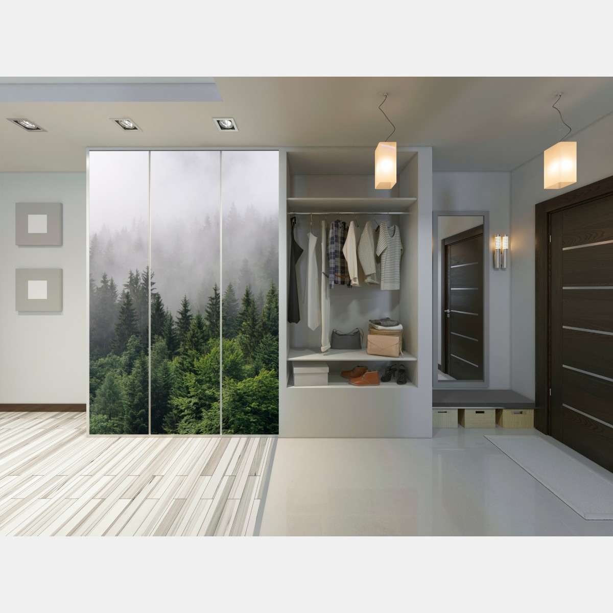 Naklejka na szafę mglisty las iglasty panorama – Wallissimo® Naklejka na szafę mglisty las iglasty panorama – Wallissimo®