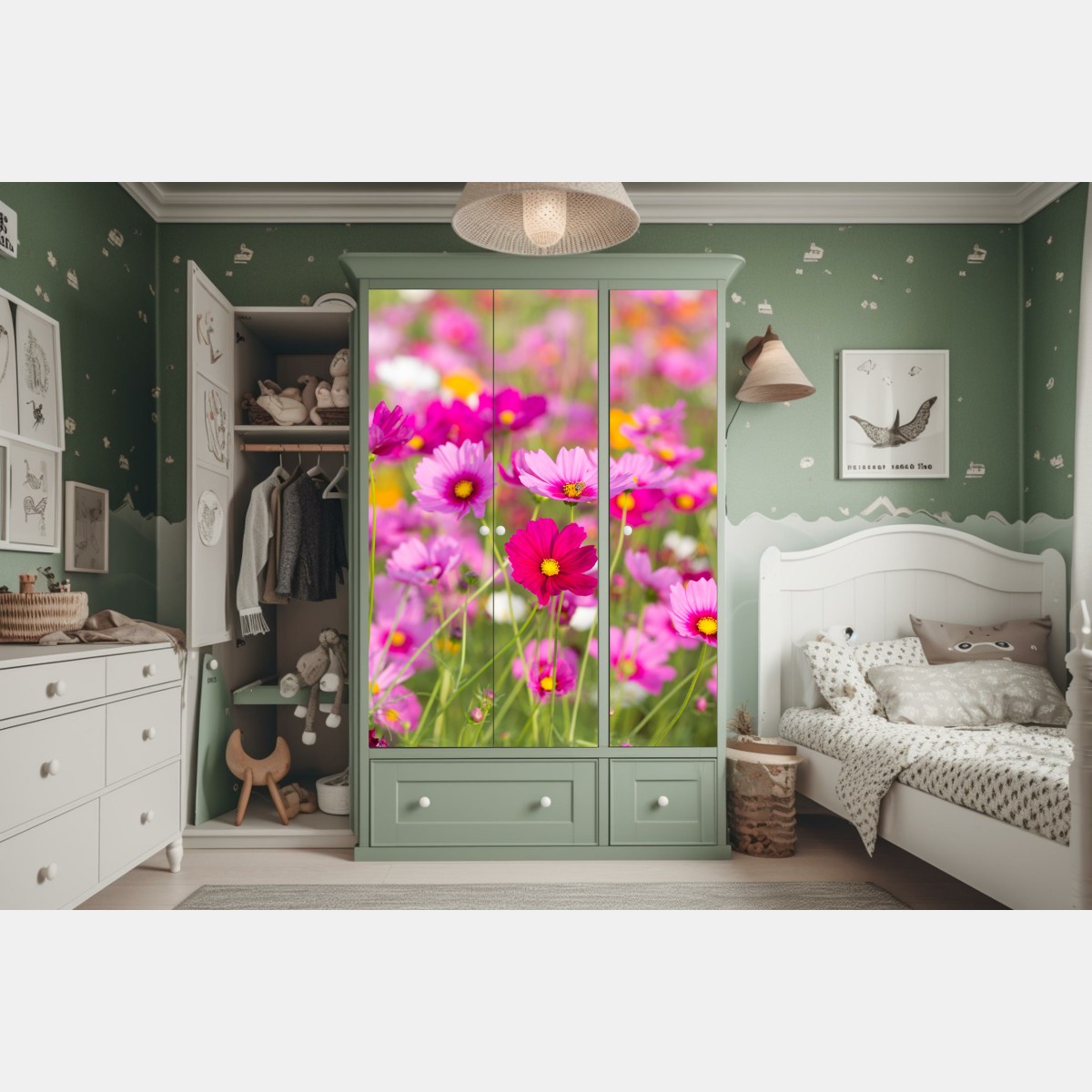 Naklejka na szafę różowa łąka kosmosów w rozkwicie – Wallissimo® Naklejka na szafę różowa łąka kosmosów w rozkwicie – Wallissimo®