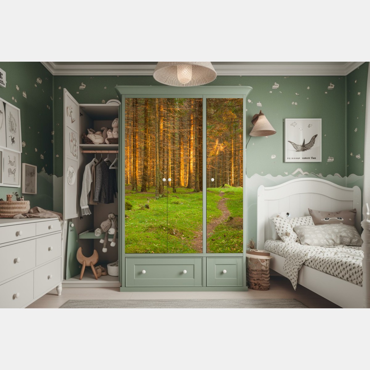 Naklejka na szafę złote światło lesie sosnowym porośniętym mchem – Wallissimo® Naklejka na szafę złote światło lesie sosnowym porośniętym mchem – Wallissimo®