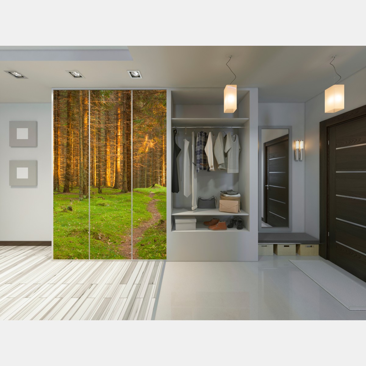 Naklejka na szafę złote światło lesie sosnowym porośniętym mchem – Wallissimo® Naklejka na szafę złote światło lesie sosnowym porośniętym mchem – Wallissimo®