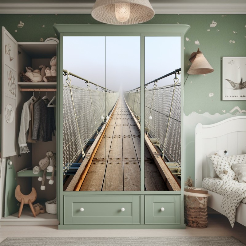 Naklejka na szafę mglisty most wiszący prowadzący w mgłę – Wallissimo® Naklejka na szafę mglisty most wiszący prowadzący w mgłę – Wallissimo®