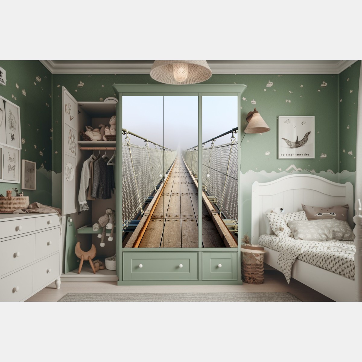 Naklejka na szafę mglisty most wiszący prowadzący w mgłę – Wallissimo® Naklejka na szafę mglisty most wiszący prowadzący w mgłę – Wallissimo®