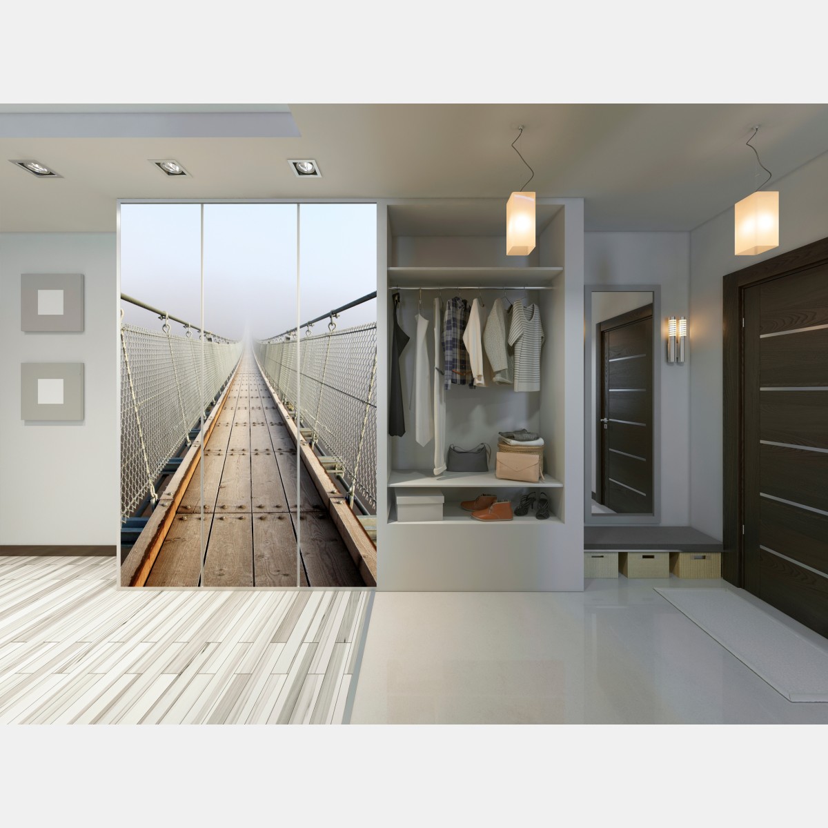 Naklejka na szafę mglisty most wiszący prowadzący w mgłę – Wallissimo® Naklejka na szafę mglisty most wiszący prowadzący w mgłę – Wallissimo®