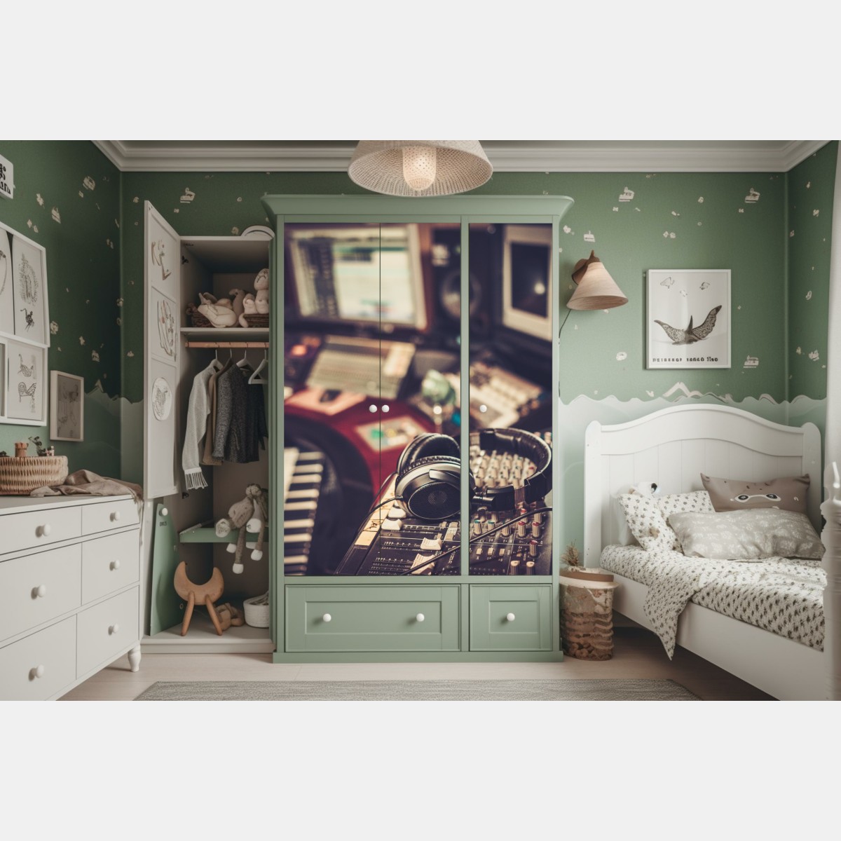 Naklejka na szafę vintageowe studio nagraniowe przy konsoli mikserskiej – Wallissimo® Naklejka na szafę vintageowe studio nagraniowe przy konsoli mikserskiej – Wallissimo®