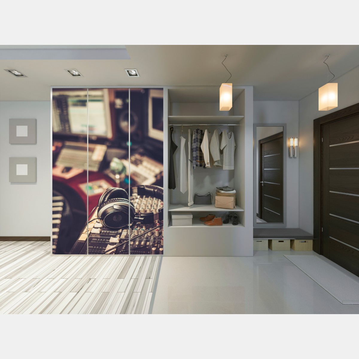 Naklejka na szafę vintageowe studio nagraniowe przy konsoli mikserskiej – Wallissimo® Naklejka na szafę vintageowe studio nagraniowe przy konsoli mikserskiej – Wallissimo®