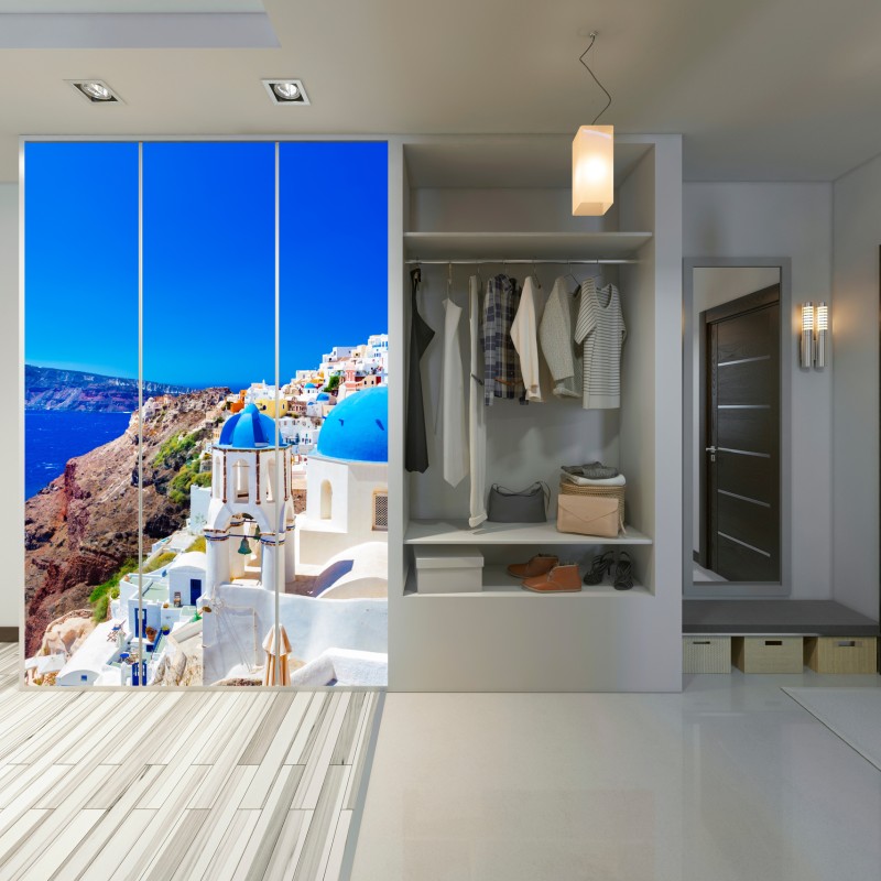 Naklejka na szafę Santorini niebieskie kopuły nad Morzem Egejskim – Wallissimo® Naklejka na szafę Santorini niebieskie kopuły nad Morzem Egejskim – Wallissimo®