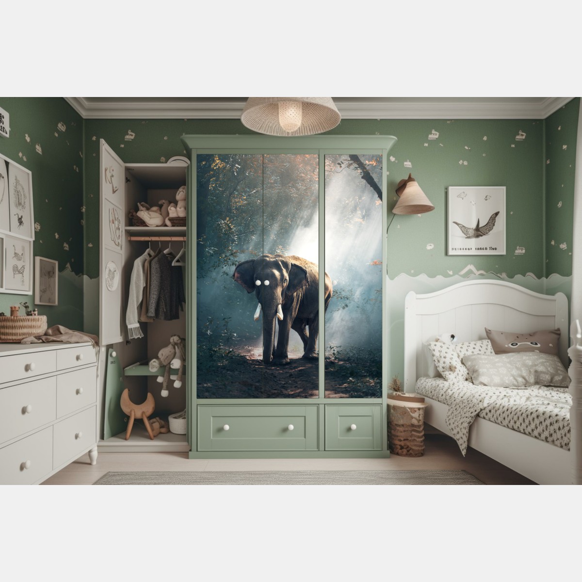 Naklejka na szafę majestatyczny słoń w oświetlonym lesie – Wallissimo® Naklejka na szafę majestatyczny słoń w oświetlonym lesie – Wallissimo®