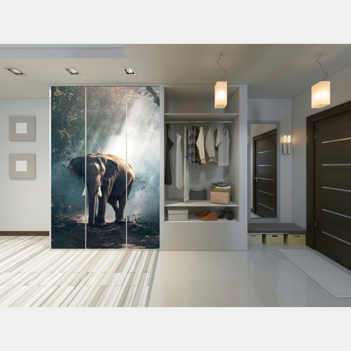 Naklejka na szafę majestatyczny słoń w oświetlonym lesie – Wallissimo® Naklejka na szafę majestatyczny słoń w oświetlonym lesie – Wallissimo®