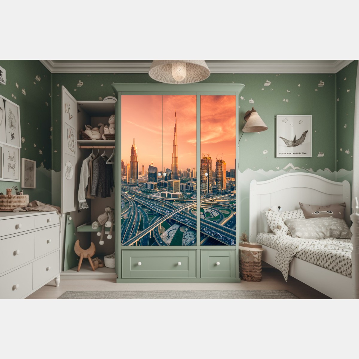 Naklejka na szafę panorama Dubaju o zachodzie słońca – Wallissimo® Naklejka na szafę panorama Dubaju o zachodzie słońca – Wallissimo®