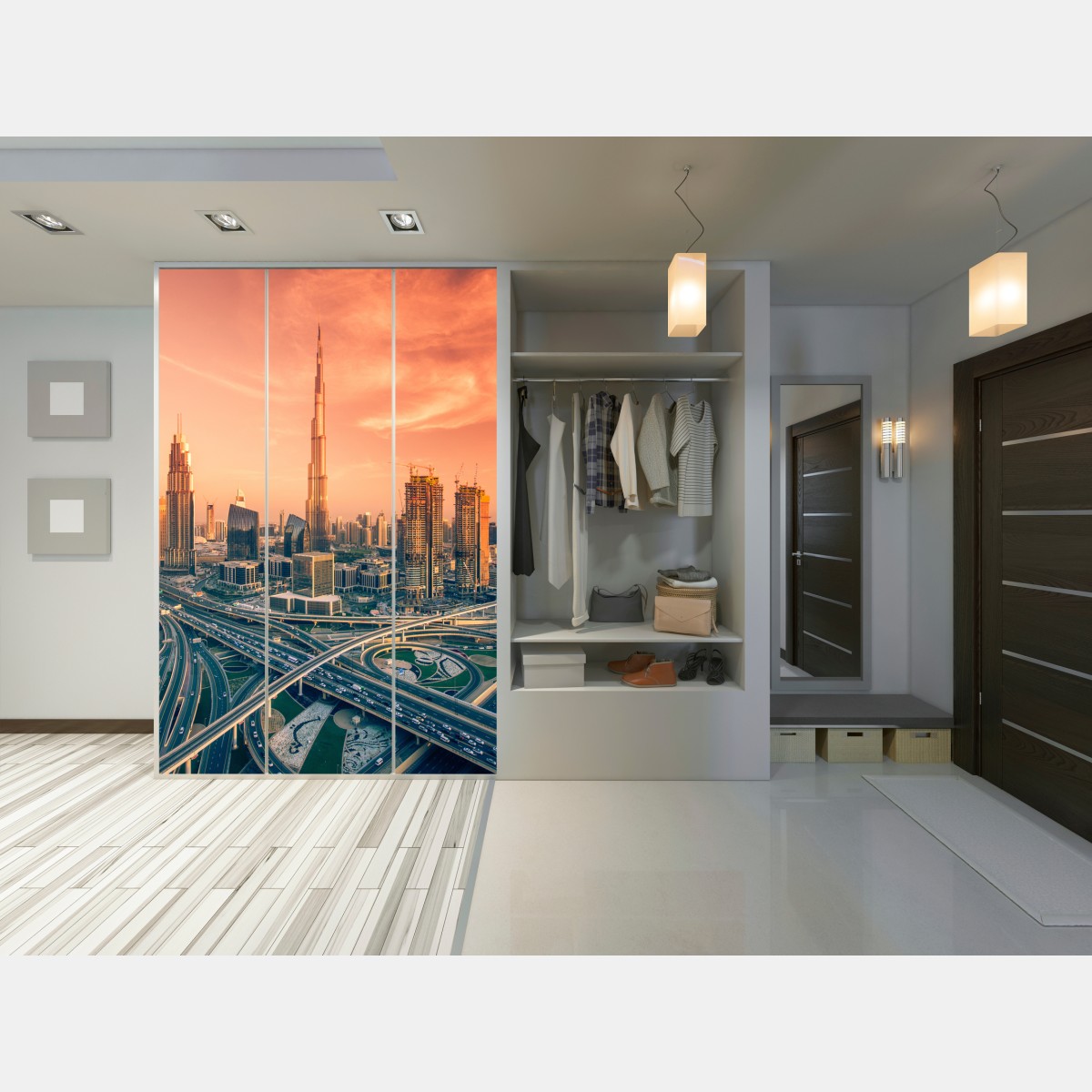 Naklejka na szafę panorama Dubaju o zachodzie słońca – Wallissimo® Naklejka na szafę panorama Dubaju o zachodzie słońca – Wallissimo®