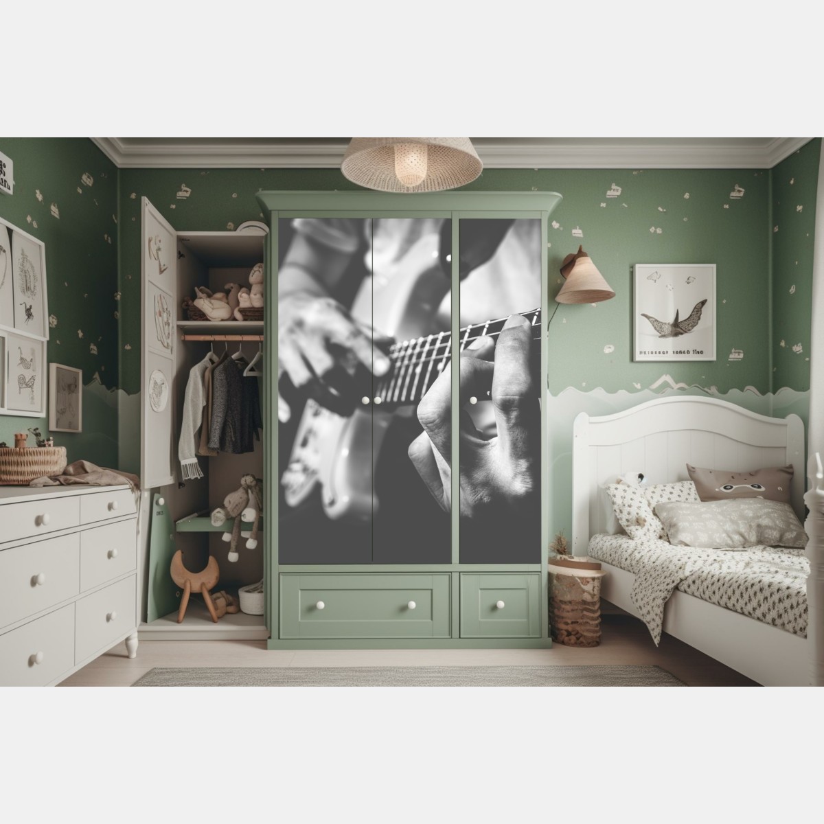 Naklejka na szafę monochromatyczne zbliżenie gitary – Wallissimo® Naklejka na szafę monochromatyczne zbliżenie gitary – Wallissimo®