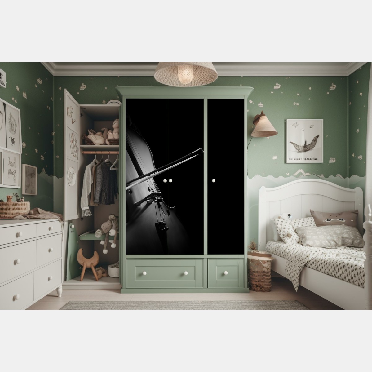 Naklejka na szafę elegancka wiolonczela czarno-biała – Wallissimo® Naklejka na szafę elegancka wiolonczela czarno-biała – Wallissimo®