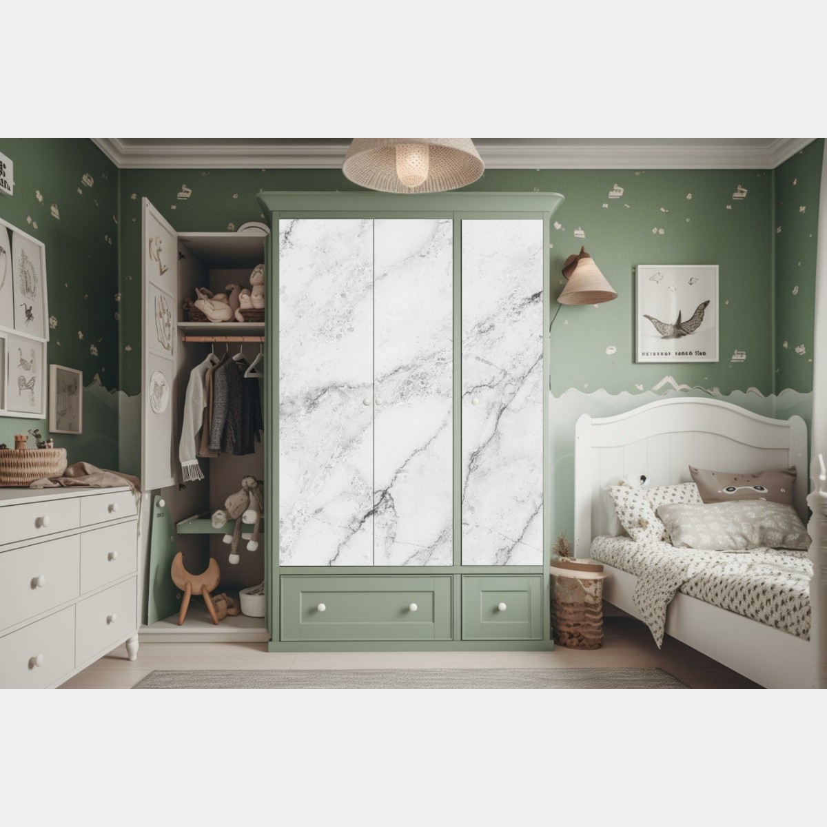 Naklejka na szafę biała tekstura marmuru z szarymi żyłkami – Wallissimo® Naklejka na szafę biała tekstura marmuru z szarymi żyłkami – Wallissimo®