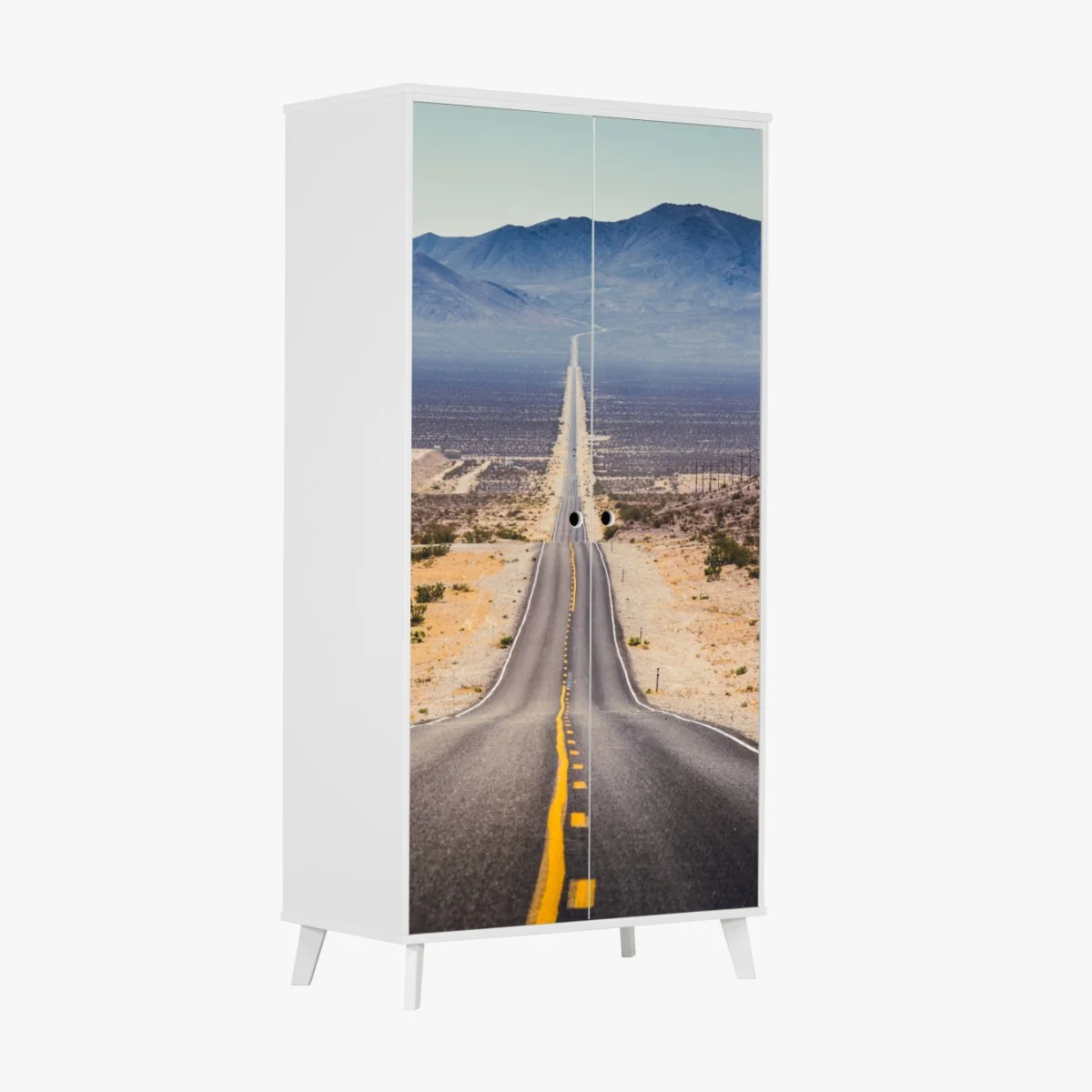 Naklejka na szafę niekończąca się droga przez pustynię do gór – Wallissimo® Naklejka na szafę niekończąca się droga przez pustynię do gór – Wallissimo®