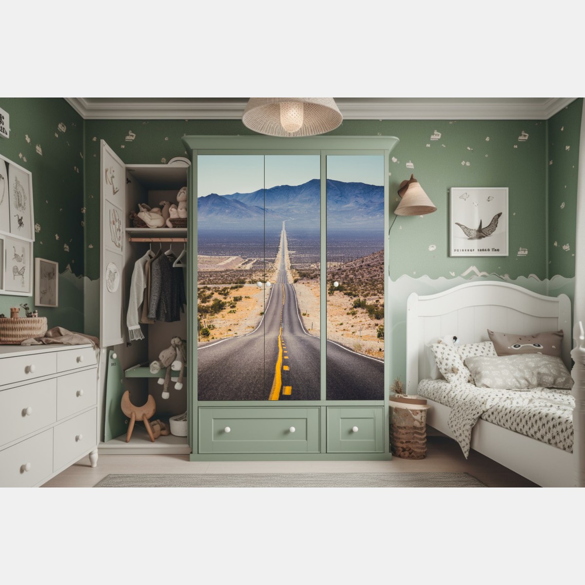 Naklejka na szafę niekończąca się droga przez pustynię do gór – Wallissimo® Naklejka na szafę niekończąca się droga przez pustynię do gór – Wallissimo®