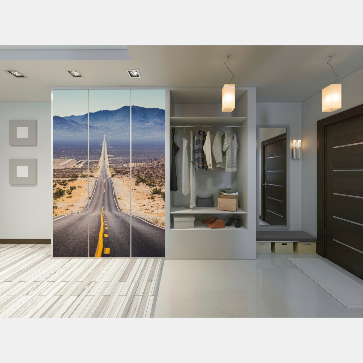 Naklejka na szafę niekończąca się droga przez pustynię do gór – Wallissimo® Naklejka na szafę niekończąca się droga przez pustynię do gór – Wallissimo®