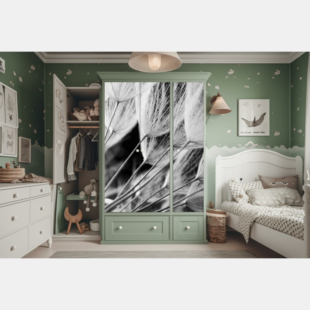 Naklejka na szafę delikatne zbliżenie nasion dmuchawca czarno-białe – Wallissimo® Naklejka na szafę delikatne zbliżenie nasion dmuchawca czarno-białe – Wallissimo®