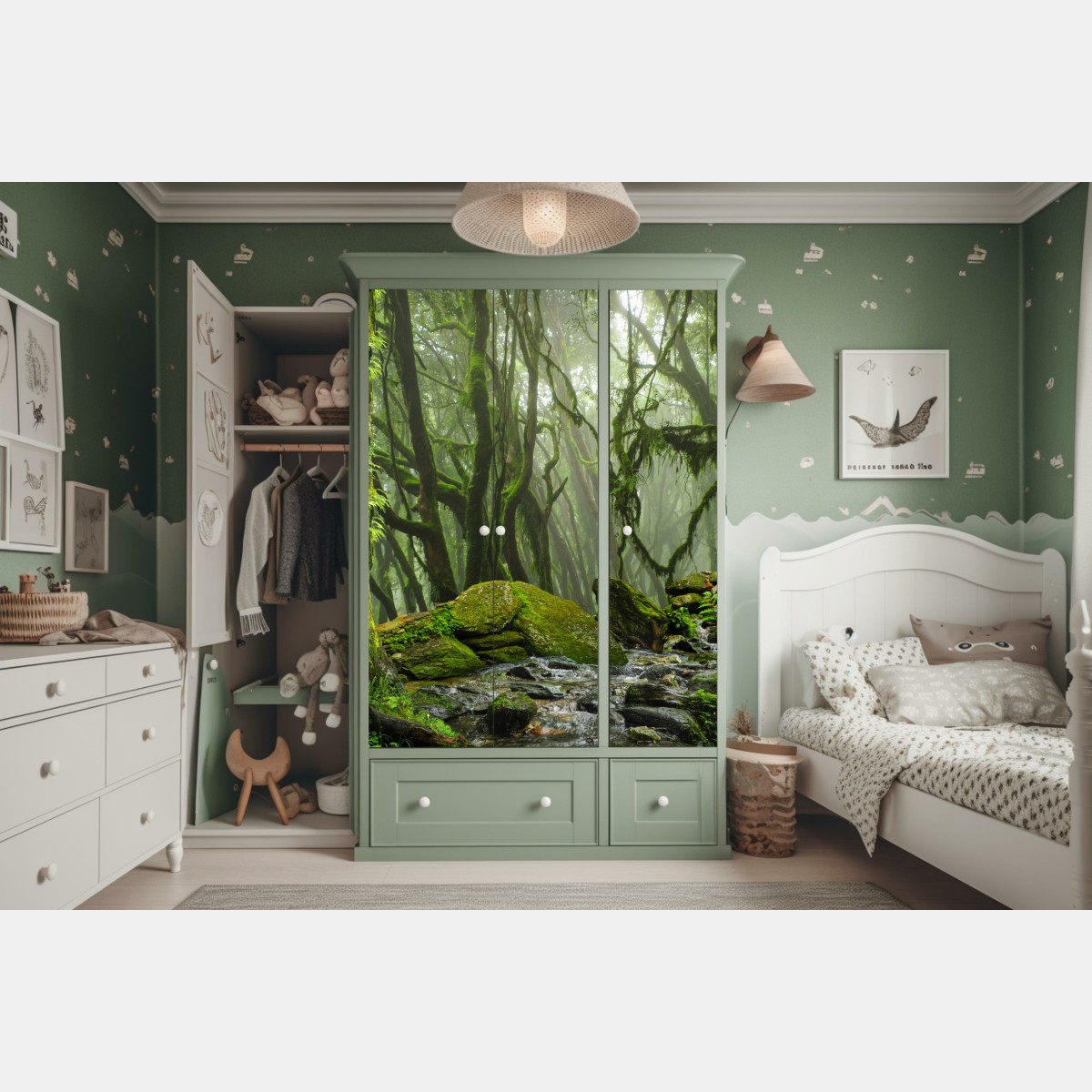 Naklejka na szafę las ze strumieniem we mgle – Wallissimo® Naklejka na szafę las ze strumieniem we mgle – Wallissimo®