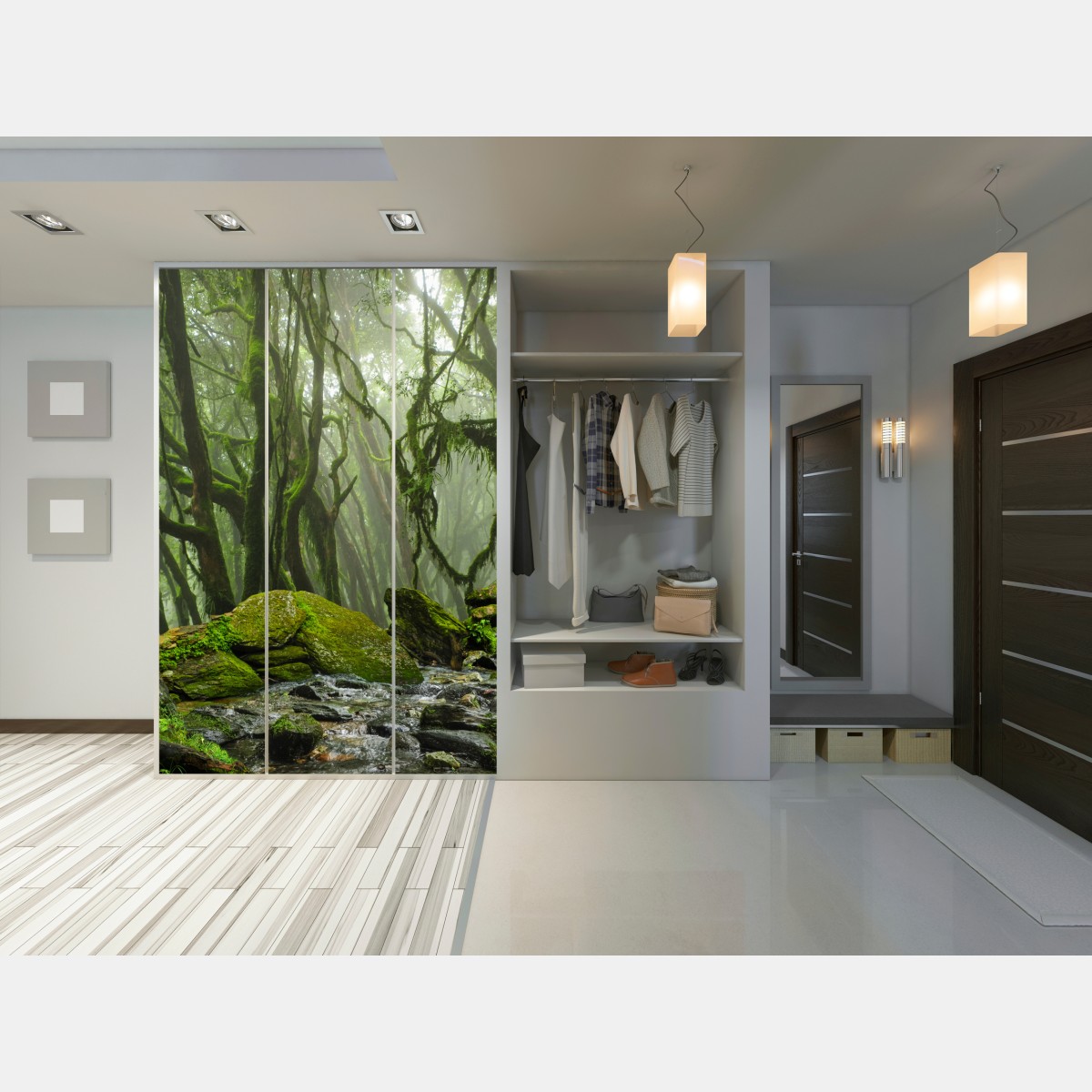 Naklejka na szafę las ze strumieniem we mgle – Wallissimo® Naklejka na szafę las ze strumieniem we mgle – Wallissimo®