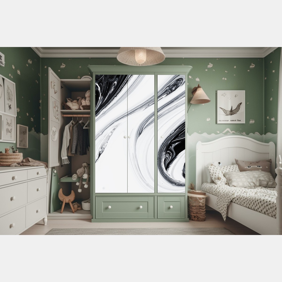 Naklejka na szafę monochromatyczne marmurowe wiry – Wallissimo® Naklejka na szafę monochromatyczne marmurowe wiry – Wallissimo®